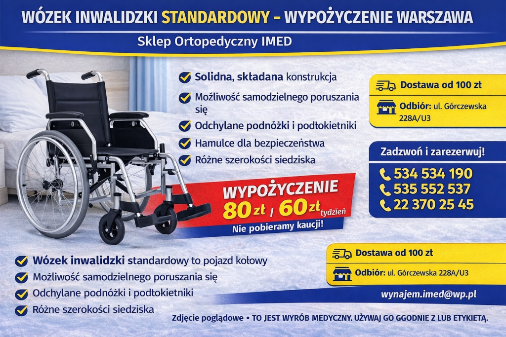 Wózek inwalidzki standardowy  wynajem Warszawa Sklep Ortopedyczny IMED Bemowo - zdjęcie 1