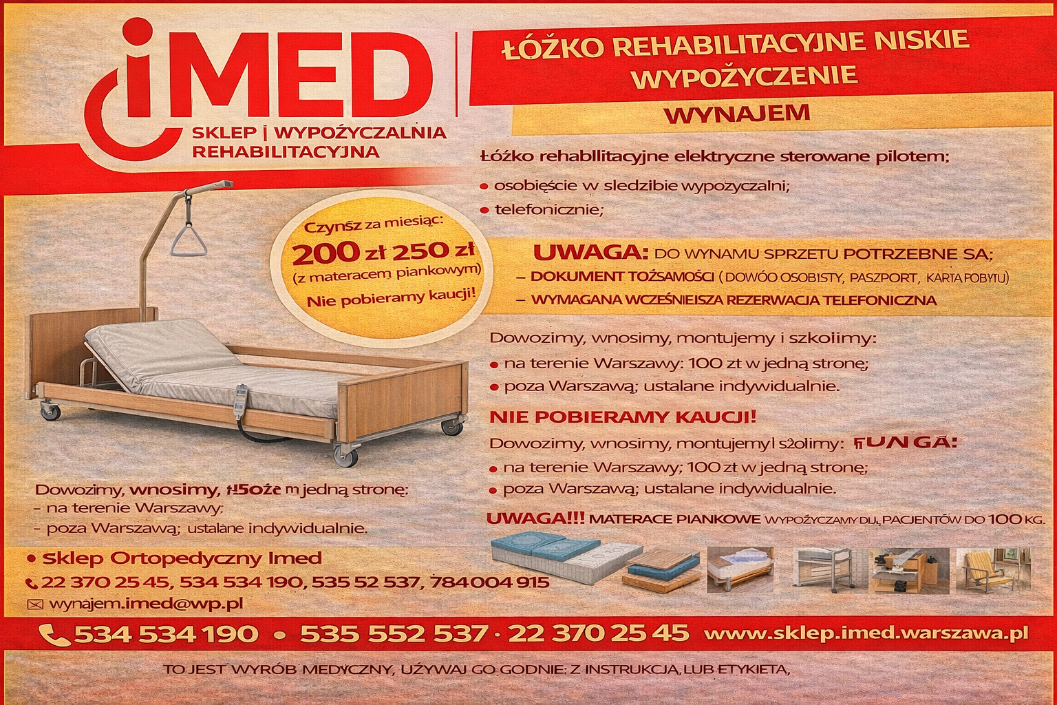 Łóżko rehabilitacyjne niskie wynajem Warszawa IMED Bemowo - zdjęcie 1