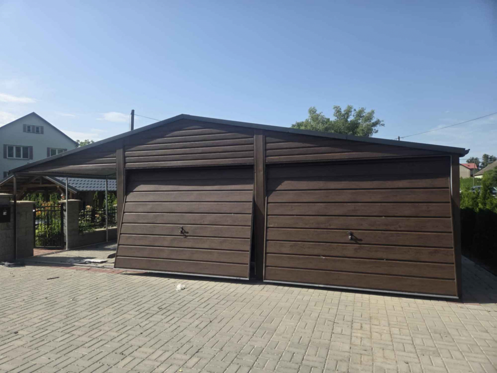 Garaż blaszany dwustanowiskowy 6x7 z wiatą 3m Ciemny Orzech PREMIUM Płońsk - zdjęcie 3