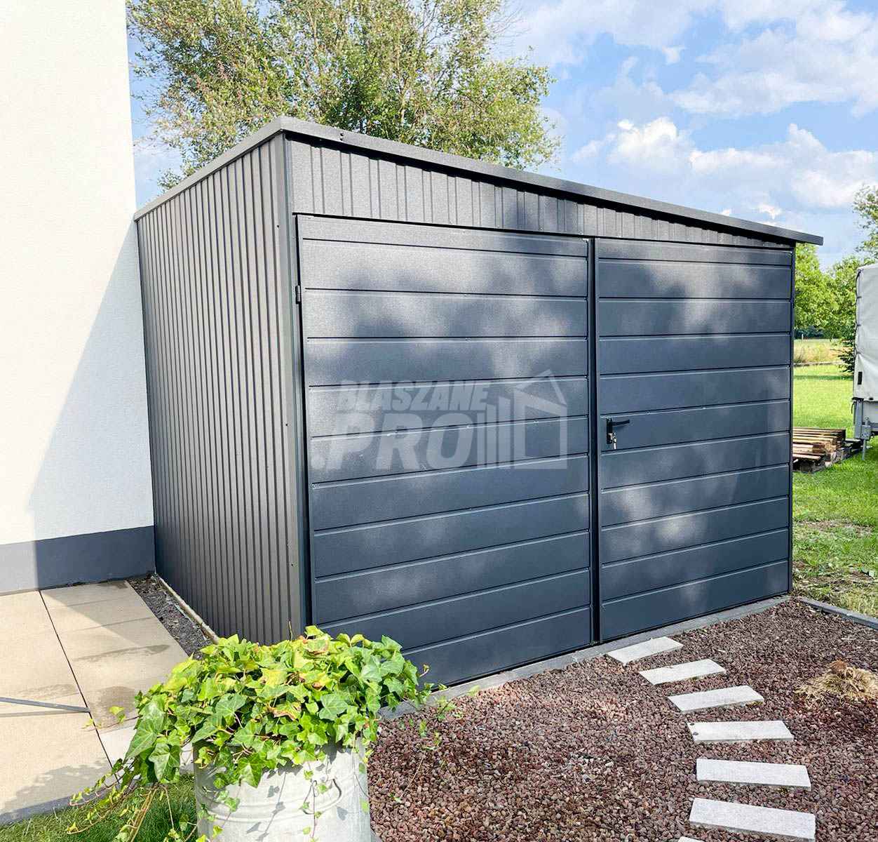 Garaż blaszany 3x9 2x Brama uchylna + antracyt  spad w bok GP191 Grunwald - zdjęcie 6