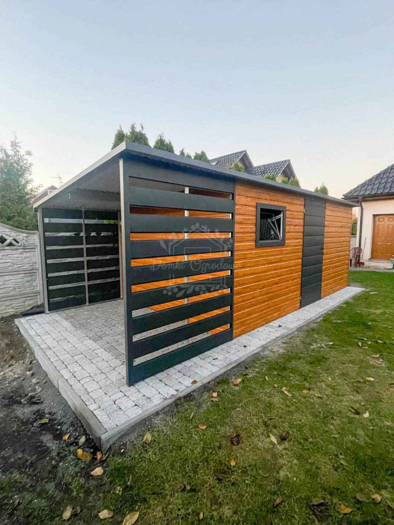 Domek ogrodowy 5x3,5m + wiata 1,5m  orzech antracyt  spad w tył ID783 Kościerzyna - zdjęcie 3
