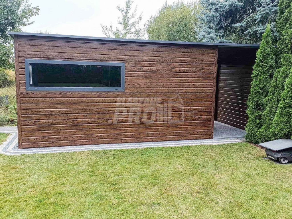 Domek ogrodowy 4,5x2,5m + wiata 1,8m drewnopodobny  rynny  GP450 Szczecinek - zdjęcie 2