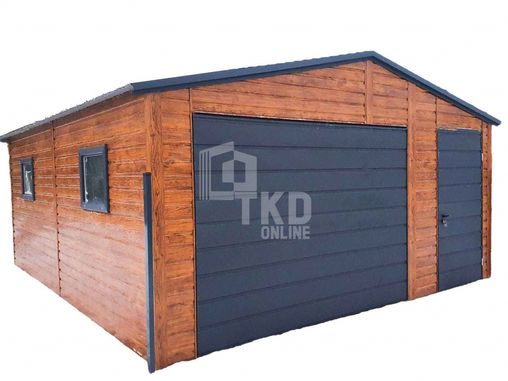 Garaż Blaszany 5x5 Brama - drzwi 2x okno jasny orzech  Antracyt TKD90 Mrągowo - zdjęcie 1