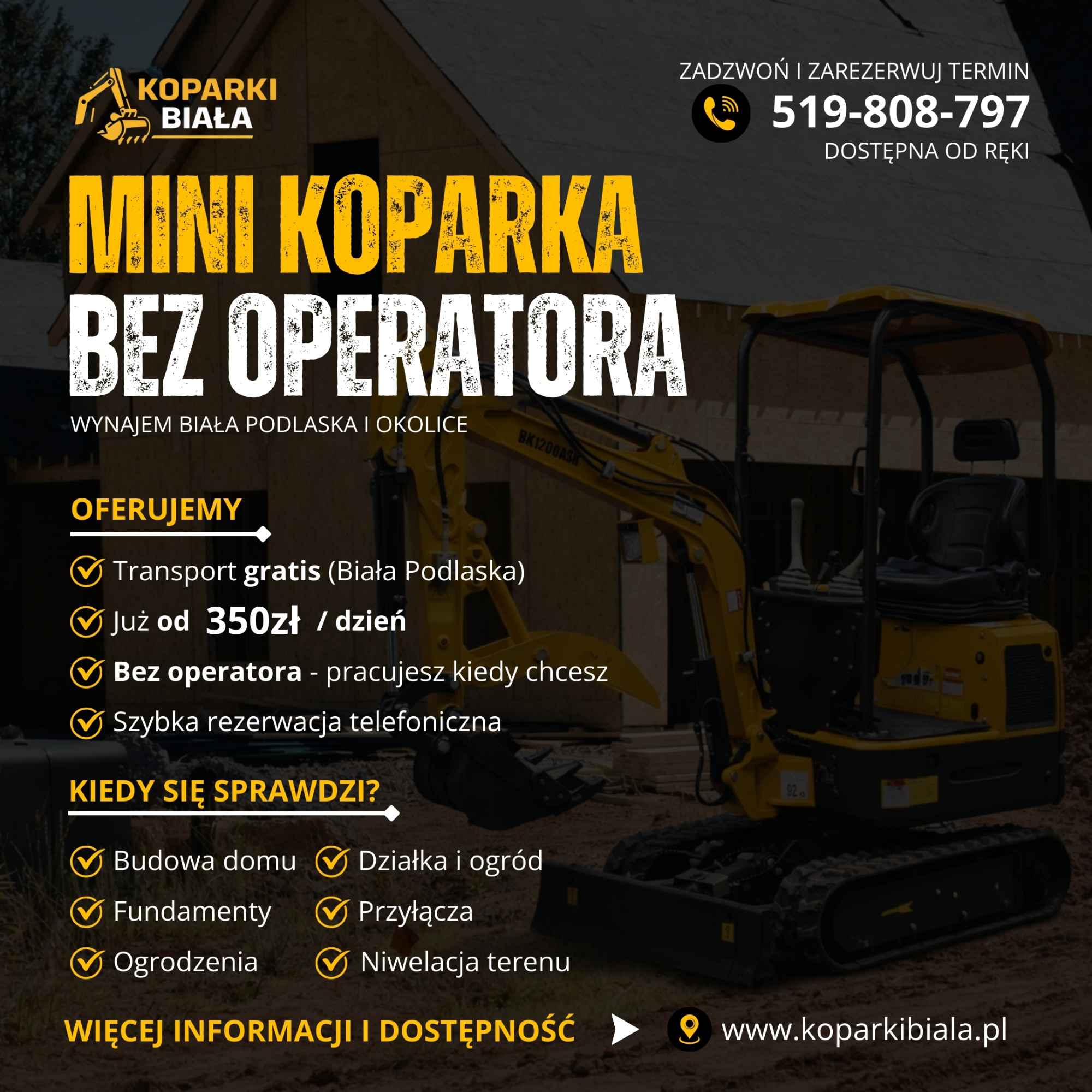 Wynajem mini koparki bez operatora – Biała Podlaska Biała Podlaska - zdjęcie 1