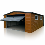 Garaż blaszany 4x6 drewnopodobny, dach dwuspadowy, brama uchylna, okna