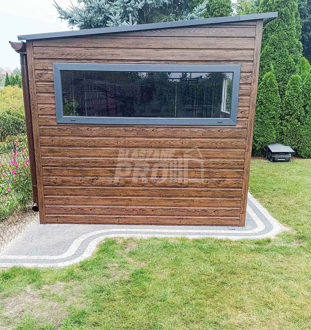 Domek ogrodowy 4,5x2,5m + wiata 1,8m drewnopodobny  rynny  GP450 Szczecinek - zdjęcie 7