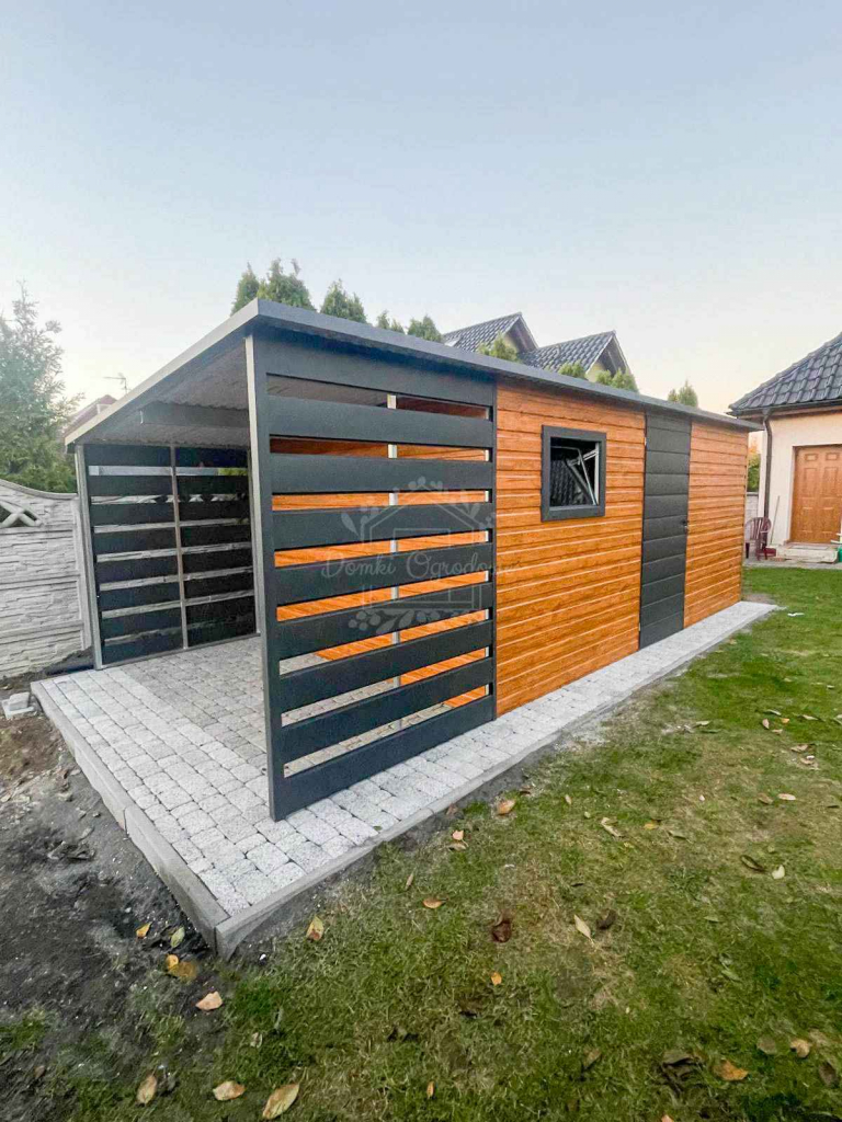 Domek ogrodowy 5x3,5m + wiata 1,5m  orzech antracyt  spad w tył ID783 Kościerzyna - zdjęcie 4