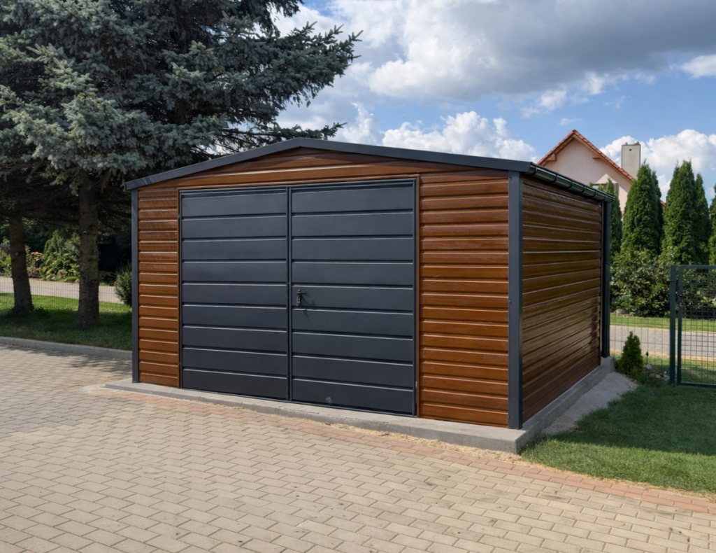 Garaż Blaszany dwuspadowy 4x5 Złoty Dąb + Ciemny Grafit Brama Kędzierzyn-Koźle - zdjęcie 3