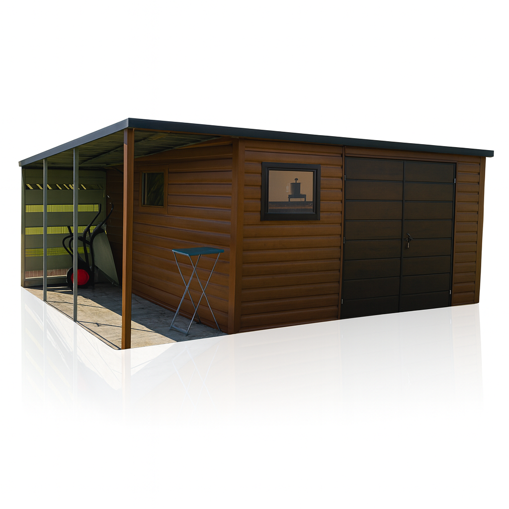 Domek Ogrodowy 4x4 z wiatą Złoty Dąb + Ciemny Orzech MONTAŻ GRATIS Trąbki - zdjęcie 2