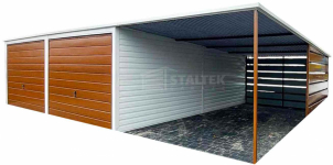 Garaż blaszany 6x6 + wiata 3,5 2x Brama uchylna drewnopodobny ST113