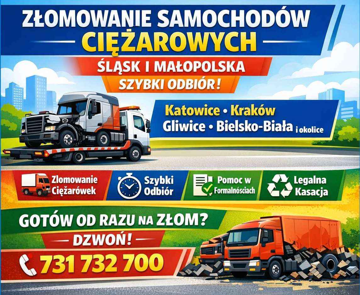 Złomowanie samochodów ciężarowych - Śląsk i Małopolska | Szybki odbiór Chrzanów - zdjęcie 1