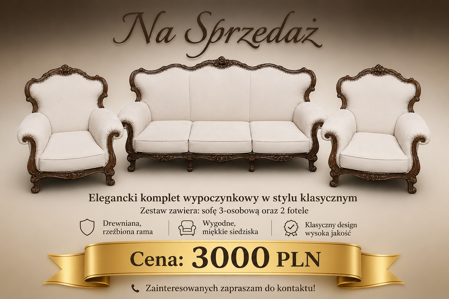 Stylowy komplet wypoczynkowy – sofa 3-osobowa + 2 fotele Olsztyn - zdjęcie 2