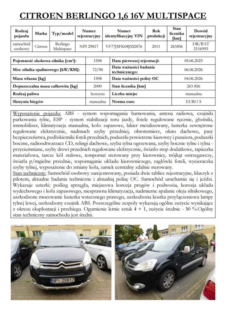 Syndyk sprzeda Citroen Berlingo 16V Multispace 2011r. Pisz - zdjęcie 2