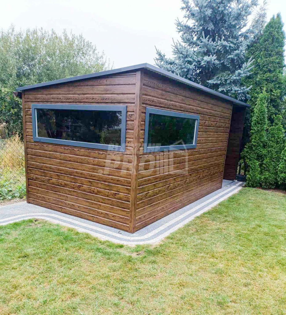 Domek ogrodowy 4,5x2,5m + wiata 1,8m drewnopodobny  rynny  GP450 Szczecinek - zdjęcie 9