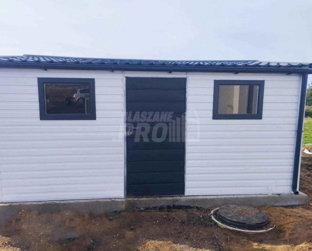 Domek ogrodowy 5,5x4 biały  drzwi + 2x okno blachodachówka rynny GP225 Wągrowiec - zdjęcie 2