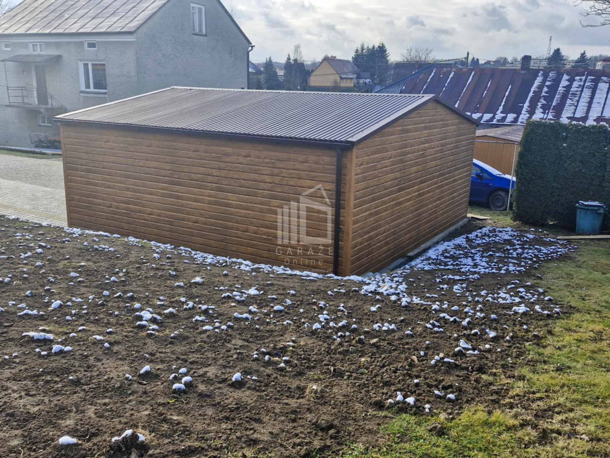 Garaż blaszany 6x6,5m bramy uchylne  drewnopodobny rynny dwuspad ID846 Ruda Śląska - zdjęcie 5