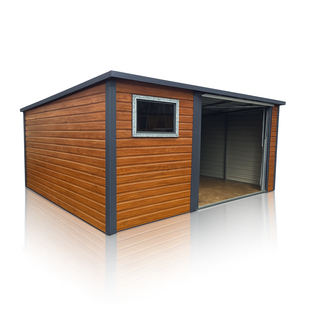 Garaż Blaszany spad na tył 4×4 drewnopodobny PREMIUM, brama uchylna Rycza - zdjęcie 1