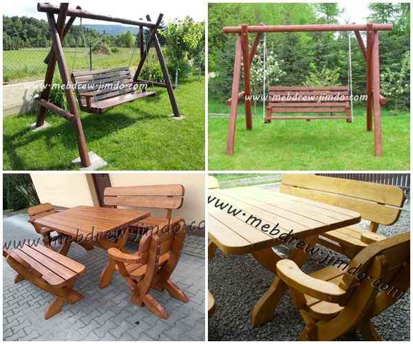 Meble drewniane malowane ogrodowe stół 2 ławki 2 fotele zestaw Tokarnia - zdjęcie 2