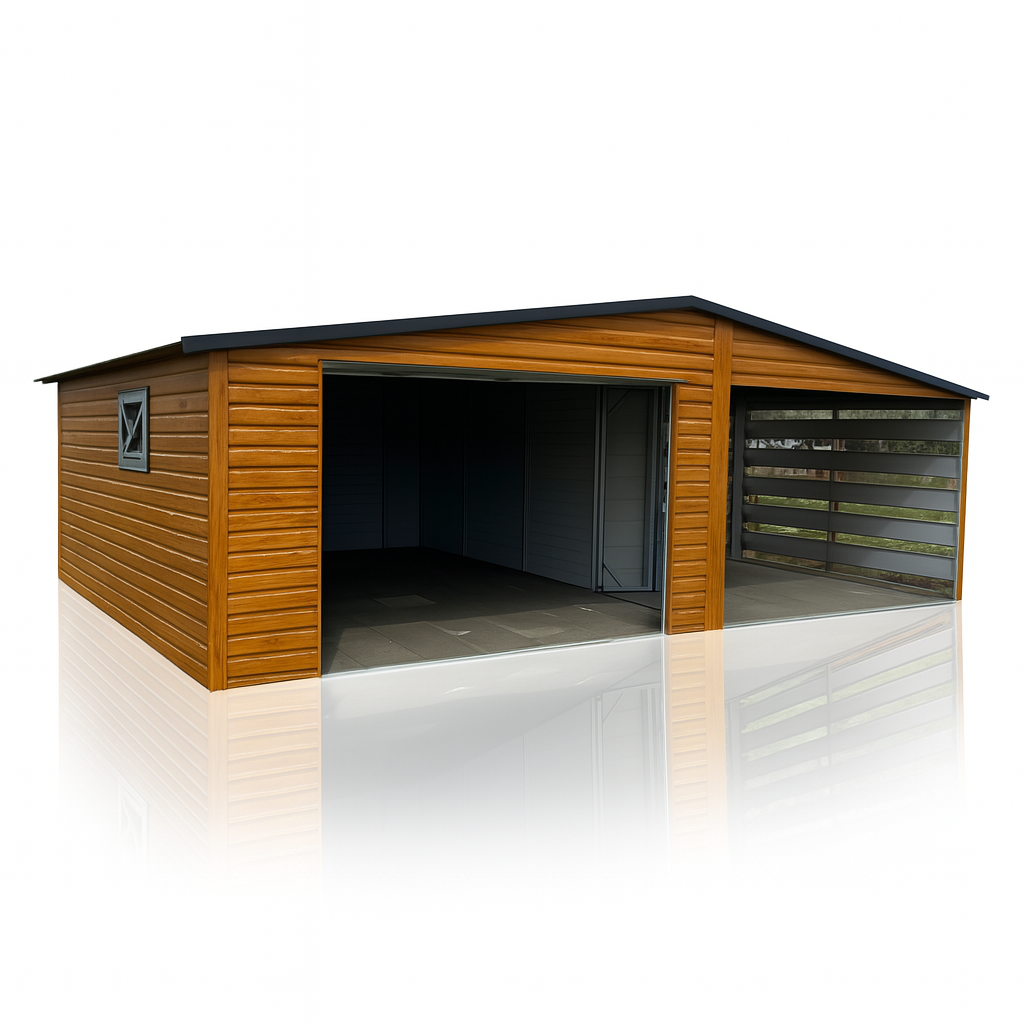 Garaż Blaszany dwuspadowy z wiatą 7x5 Złoty Dąb, brama uchylna PREMIUM Koszalin - zdjęcie 1