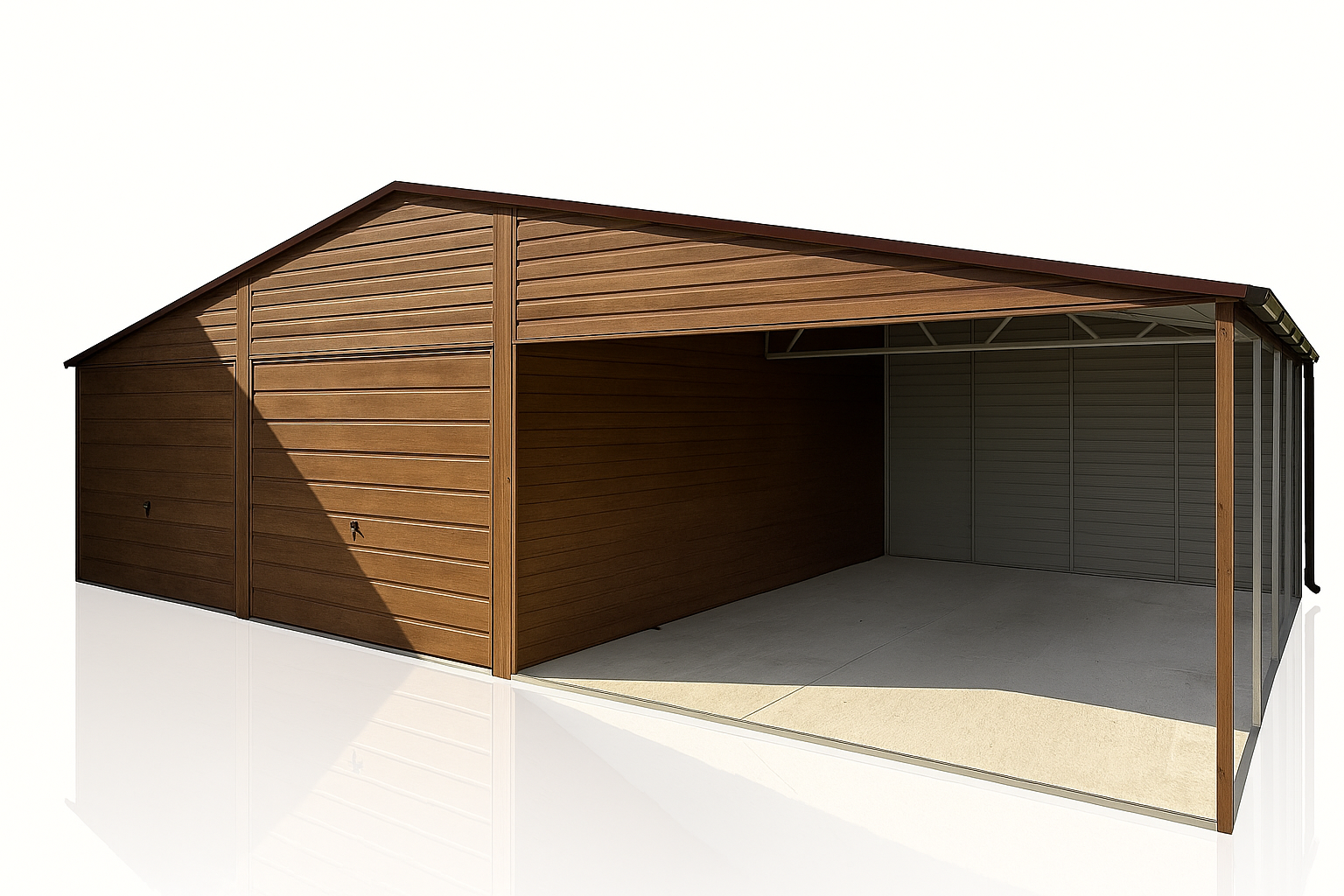 Garaż blaszany 6×5m z wiatą 5x5m  dach dwuspadowy, Ciemny Orzech Tczew - zdjęcie 1