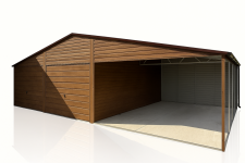 Garaż blaszany 6×5m z wiatą 5x5m  dach dwuspadowy, Ciemny Orzech