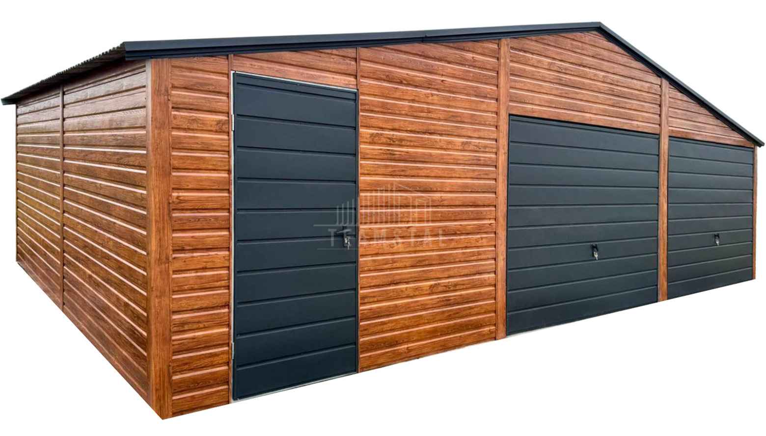 Garaż blaszany 9x6m 2 x brama uchylna drzwi drewnopodobny dach TS1196 Braniewo - zdjęcie 1