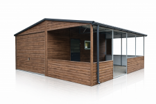 Garaż Blaszany z wiatą oblachowaną 6×5 Ciemny Orzech, Drzwi, Okno
