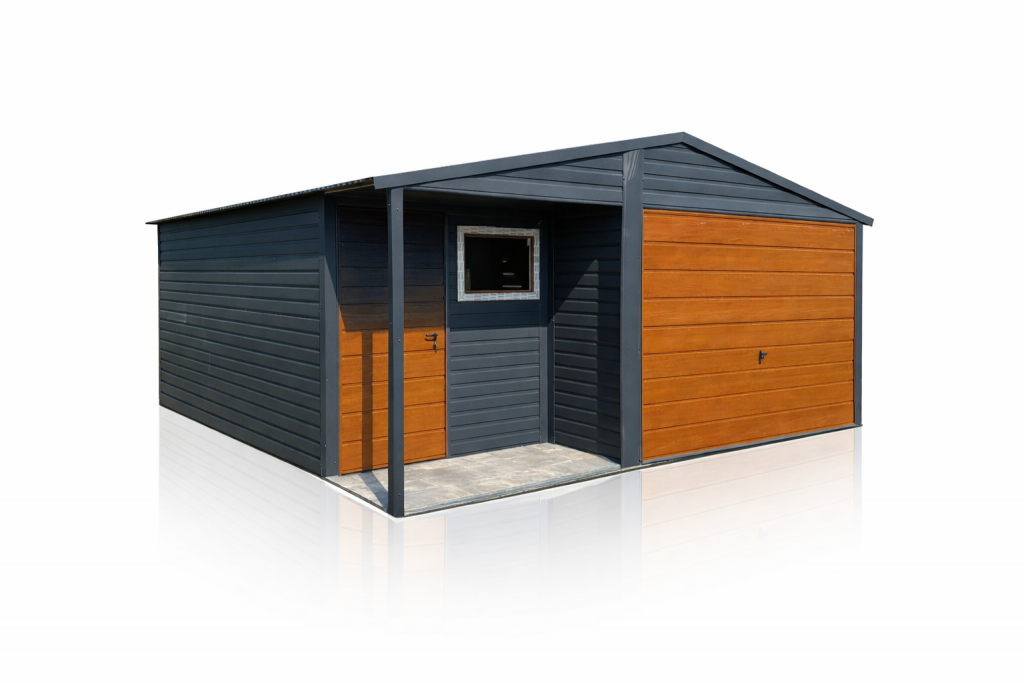 Garaż blaszany dwuspadowy 5×5 z wnęką Ciemny Grafit + Złoty Dąb Poronin - zdjęcie 1