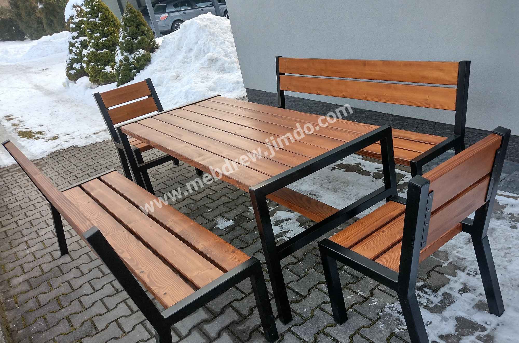 Stół loft ogrodowy drewno+metal ławki fotele zestaw mebli Tokarnia - zdjęcie 1