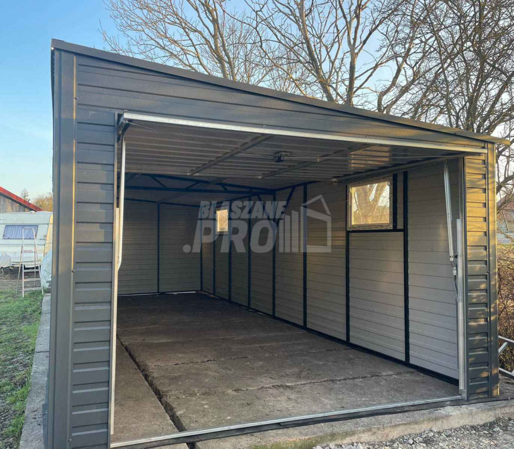 Garaż blaszany 3,5x8 brama uchylna - 2x okno  Dach spad w prawo  GP274 Wisła - zdjęcie 3