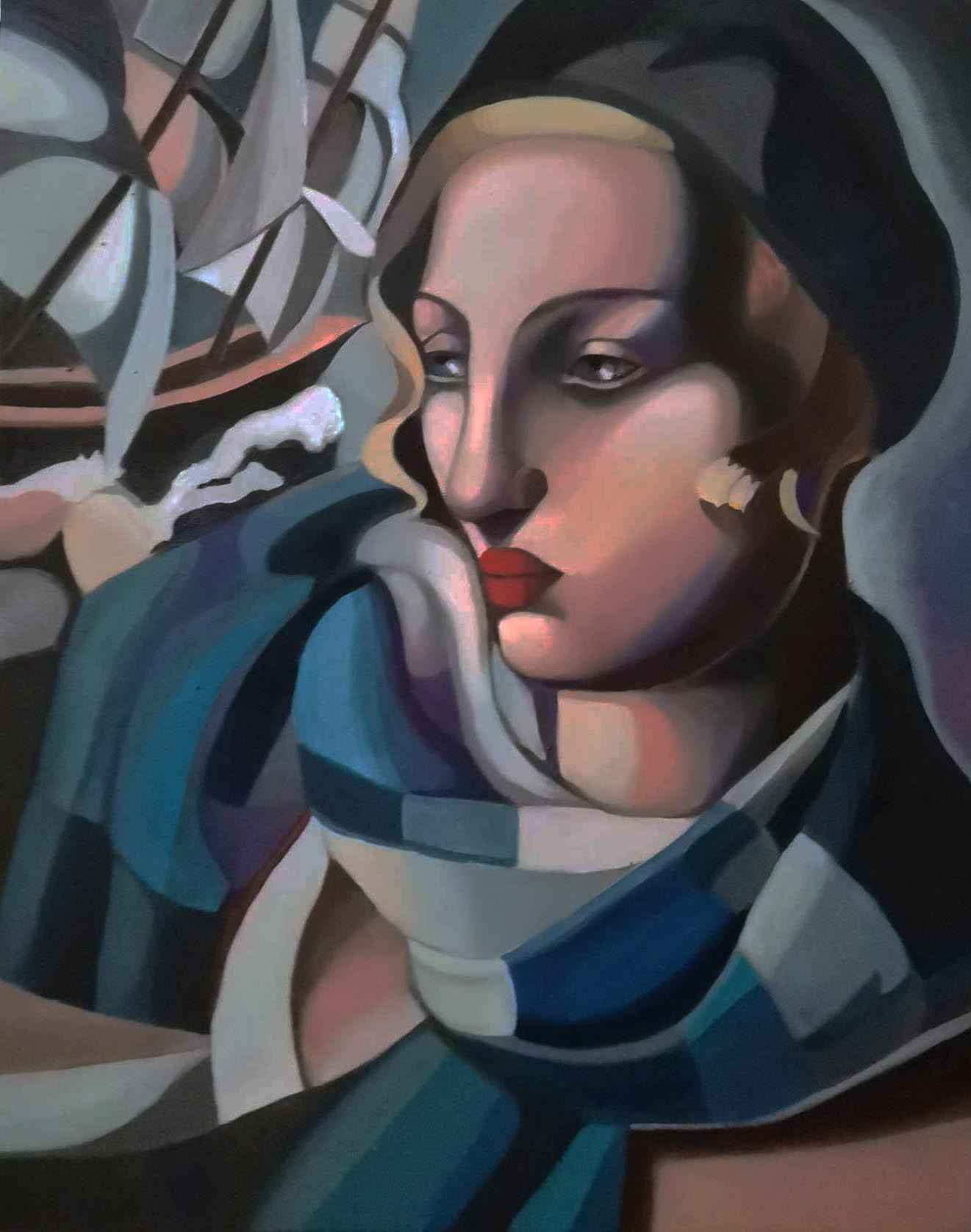 Sprzedam obraz- Tamara Łempicka z niebieskim szalikiem Kabikiejmy - zdjęcie 1