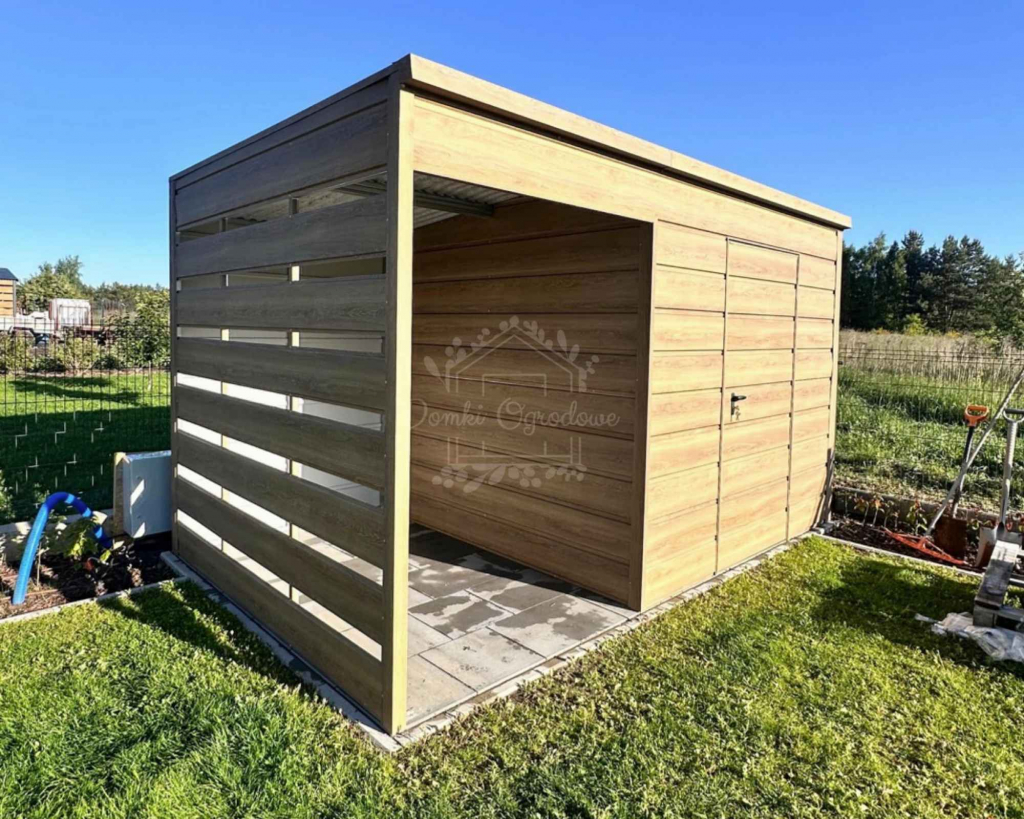 Schowek domek ogrodowy + wiata drewnopodobny - dach spad w tył ID1079 Łuków - zdjęcie 2