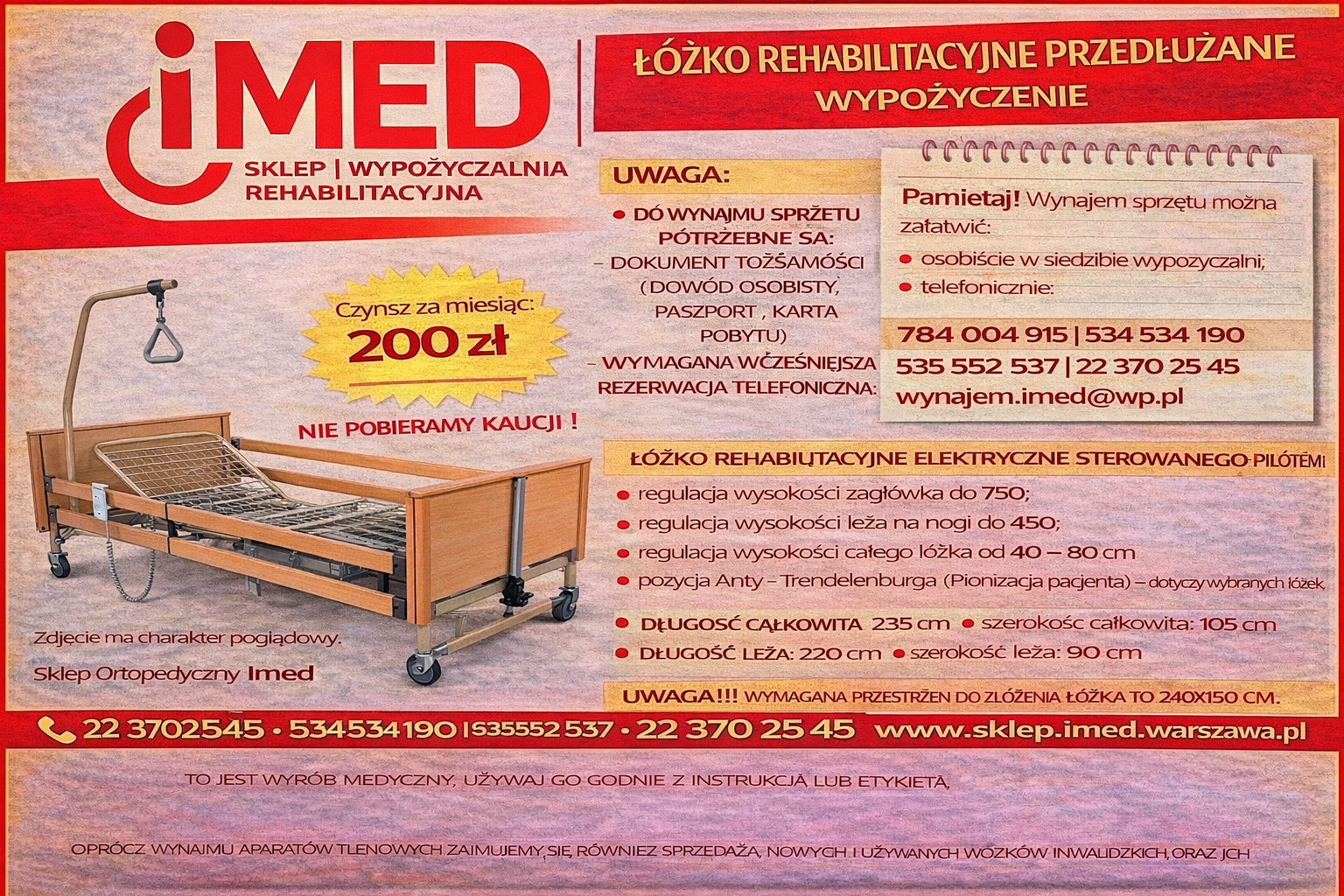 Łóżko rehabilitacyjne przedłużane wynajem IMED Bemowo - zdjęcie 1