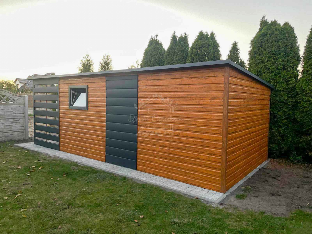 Domek ogrodowy 5x3,5m + wiata 1,5m  orzech antracyt  spad w tył ID783 Kościerzyna - zdjęcie 5