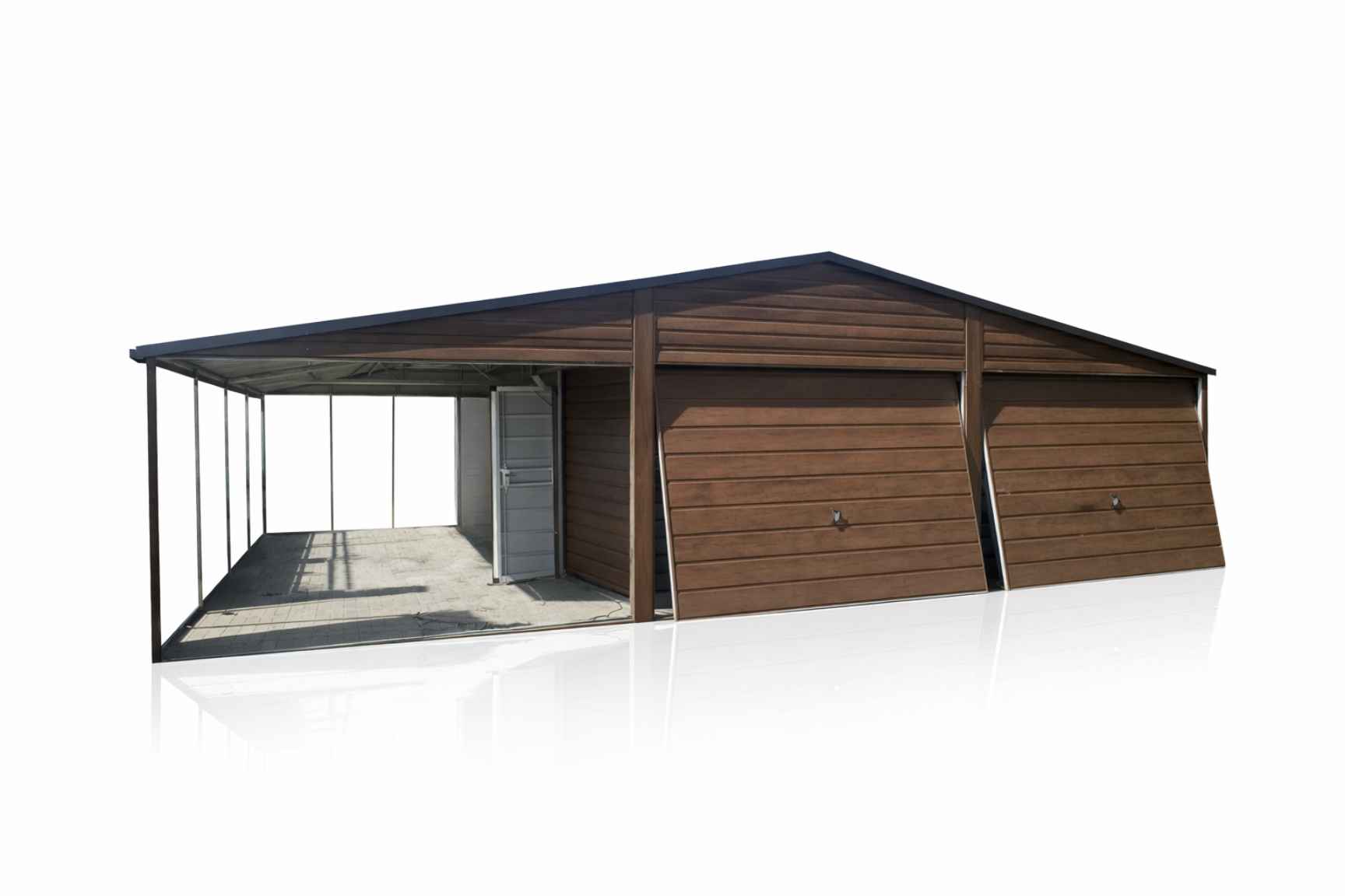 Garaż blaszany dwustanowiskowy 6x7 z wiatą 3m Ciemny Orzech PREMIUM Płońsk - zdjęcie 2