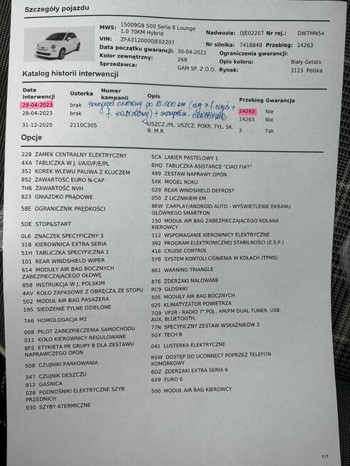 Fiat 500 1.0 Lounge 70KM Hybrid - Niski przebieg, serwisowan Szewce - zdjęcie 2