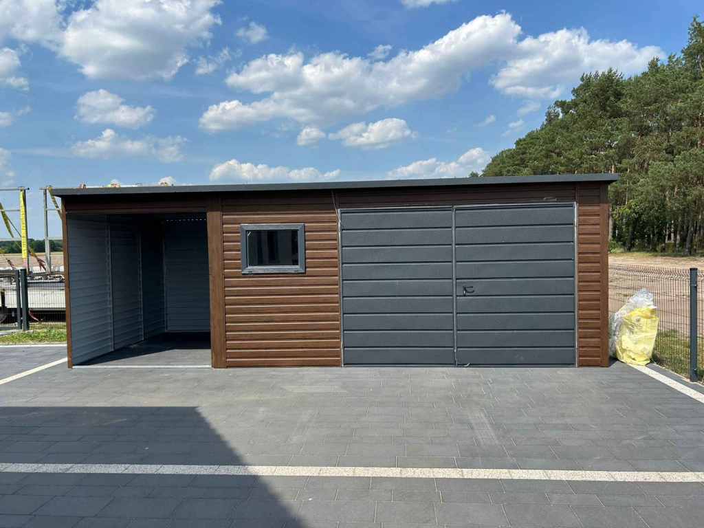 Garaż Blaszany drewnopodobny z wiatą 6x5m Brama dwuskrzydłowa PREMIUM Grunwald - zdjęcie 3