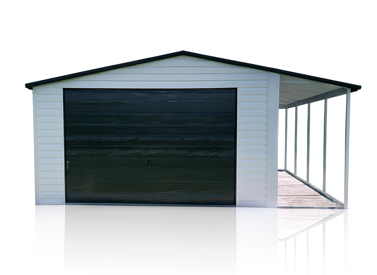 Garaż blaszany z wiatą 5x5 dach dwuspadowy, biały RAL + Ciemny Grafit Płock - zdjęcie 1