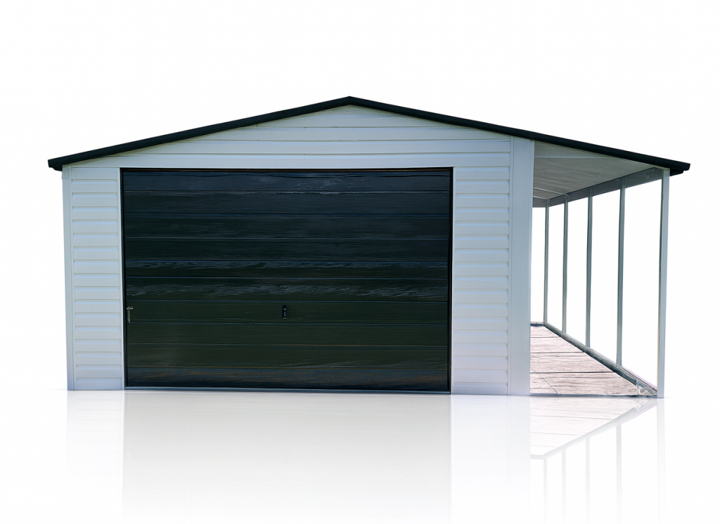 Garaż blaszany z wiatą 5x5 dach dwuspadowy, biały RAL + Ciemny Grafit Płock - zdjęcie 1