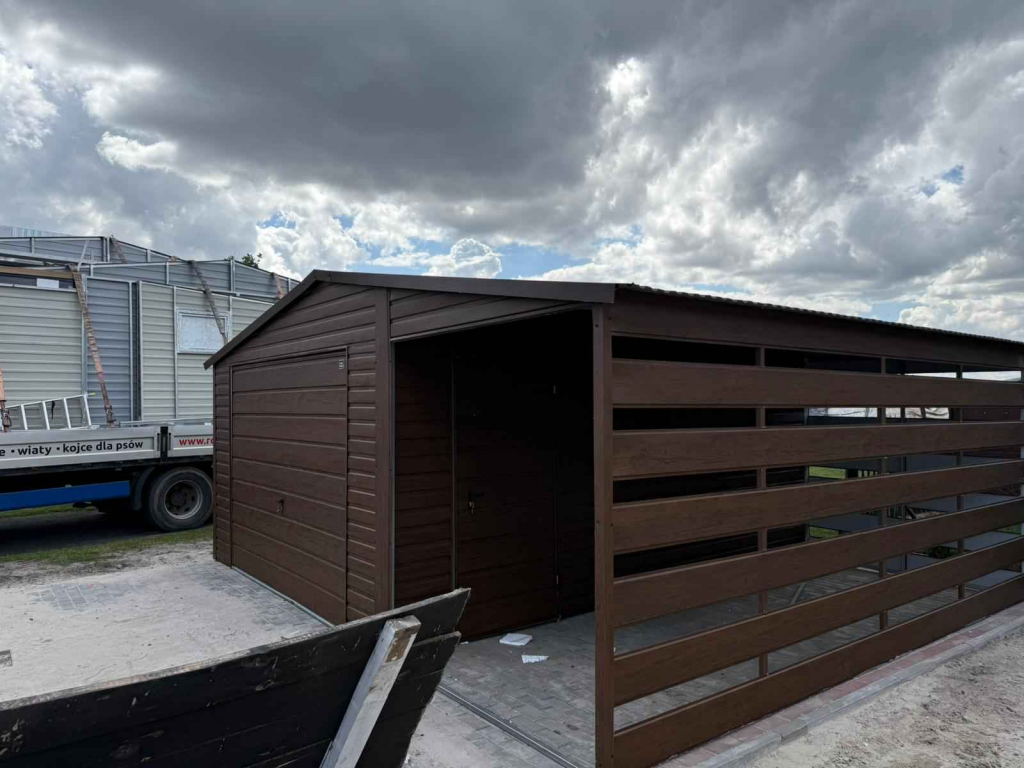 Garaż blaszany Ciemny Orzech 6×5 Dwuspadowy + Wiata Panelowa PREMIUM Radom - zdjęcie 3