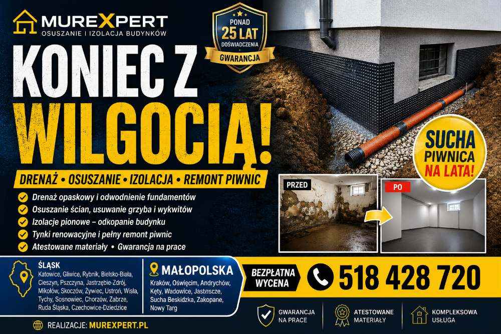 Osuszanie budynków, izolacja fundamentów, iniekcja krystaliczna Bielsko-Biała - zdjęcie 1