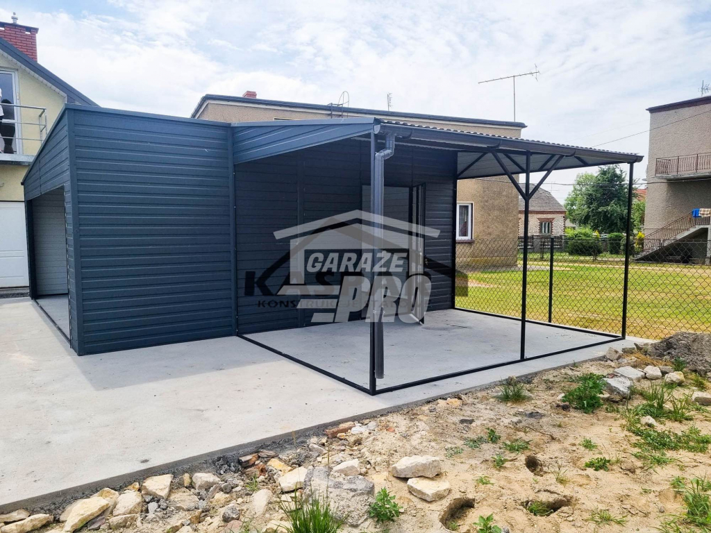 Garaż blaszany 7x6 + wiata + drzwi  Antracyt  Dach dwuspadowy GP128 Rybnik - zdjęcie 4