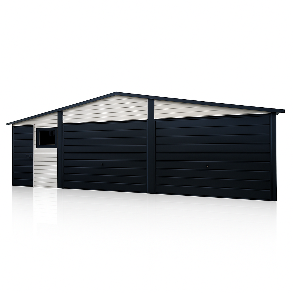 Garaż blaszany 8×6 Dach dwuspadowy, Bramy uchylne, Biały + Grafit Toruń - zdjęcie 1