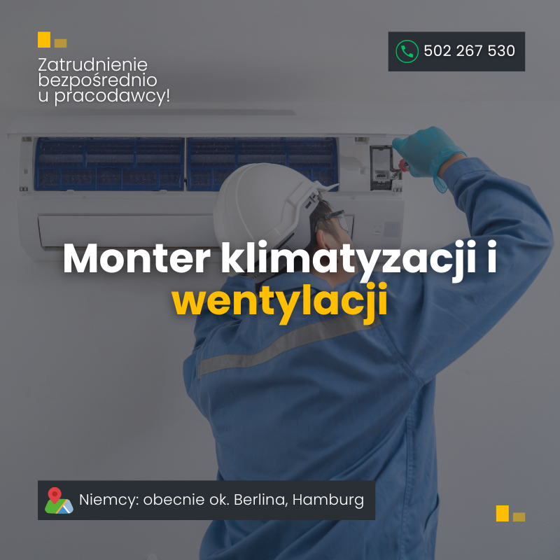 Niemcy. Monter Klimatyzacji i Wentylacji, co 1,5 tyg powrót Mokotów - zdjęcie 1