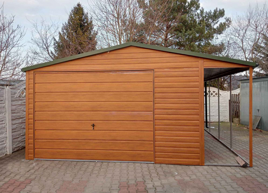 Garaż Blaszany 4×6 Złoty Dąb z Wiatą 1×6 na Słupkach – Profil Ocynk Koszalin - zdjęcie 2