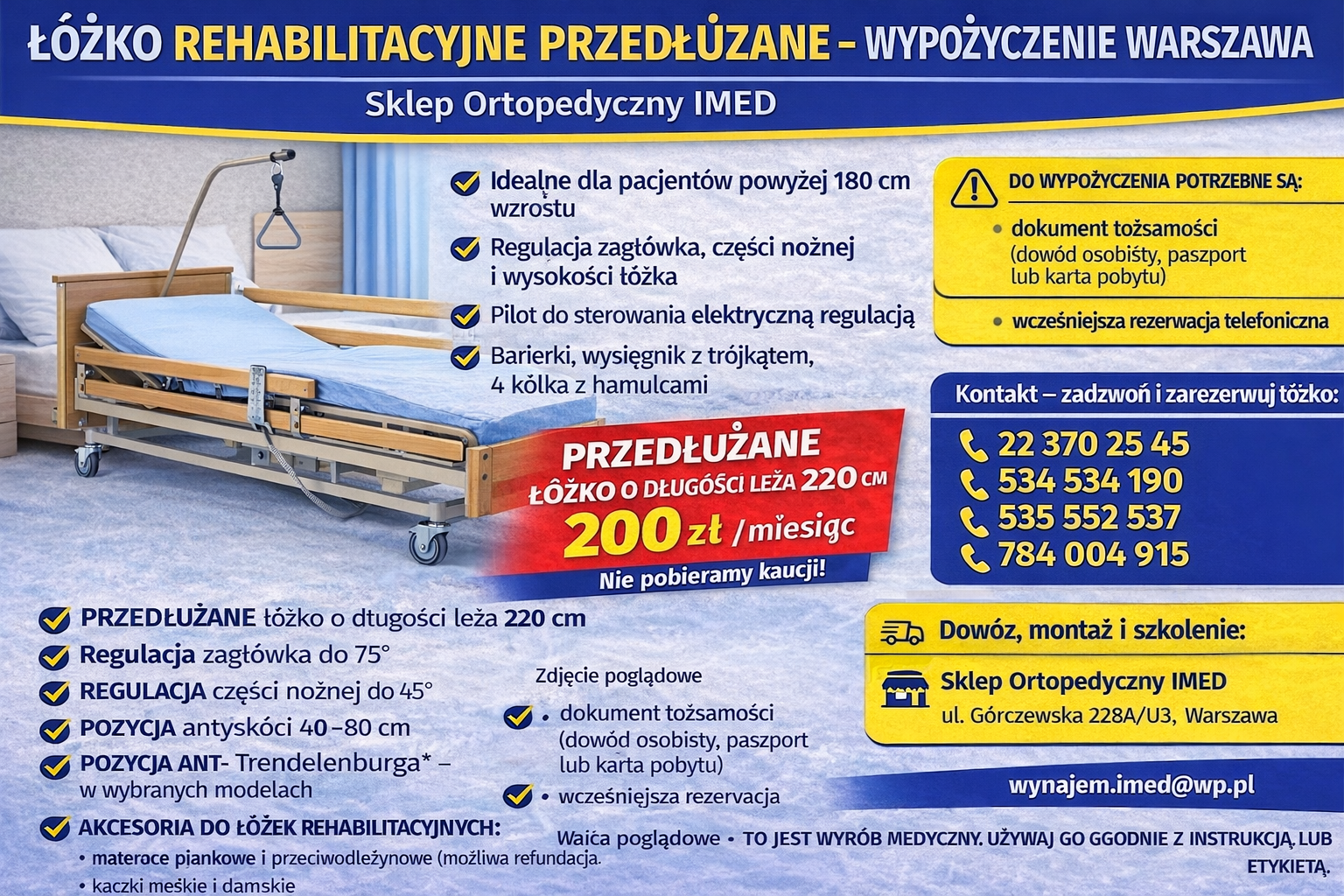 Łóżko rehabilitacyjne przedłużane wynajem Warszawa Sklep IMED Bemowo - zdjęcie 1