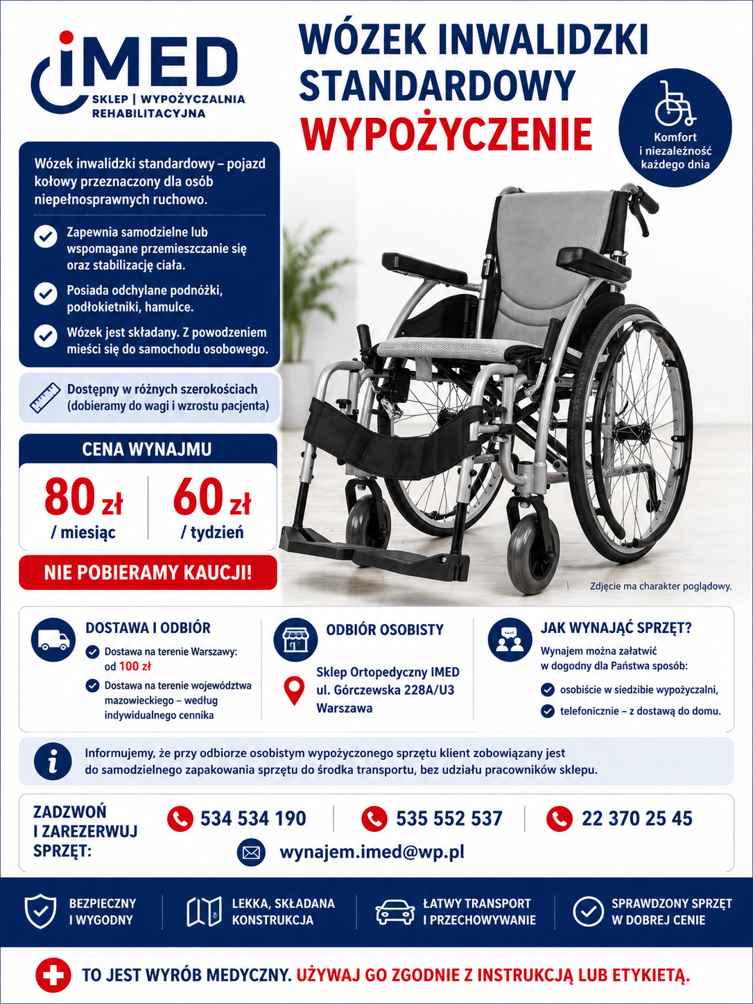 Wózek inwalidzki standardowy – wypożyczenie Warszawa Bemowo - zdjęcie 1