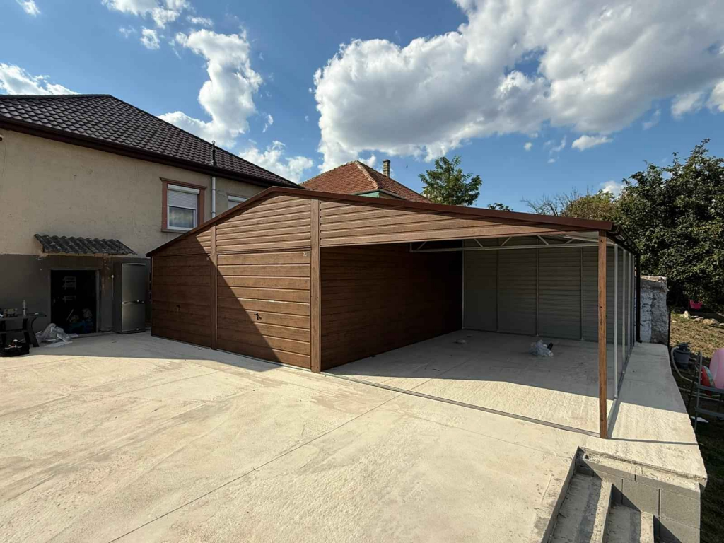 Garaż blaszany 6×5m z wiatą 5x5m  dach dwuspadowy, Ciemny Orzech Tczew - zdjęcie 3