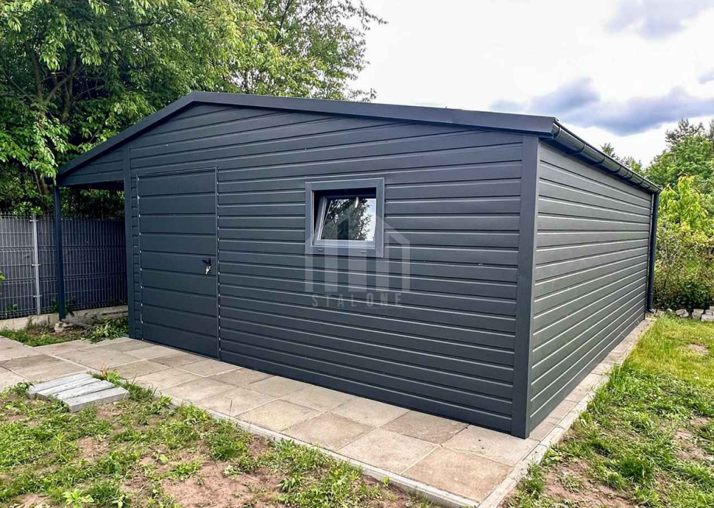 Schowek domek ogrodowy 4,5x5 + wiata drzwi okno blachodachówka SO154 Grunwald - zdjęcie 2