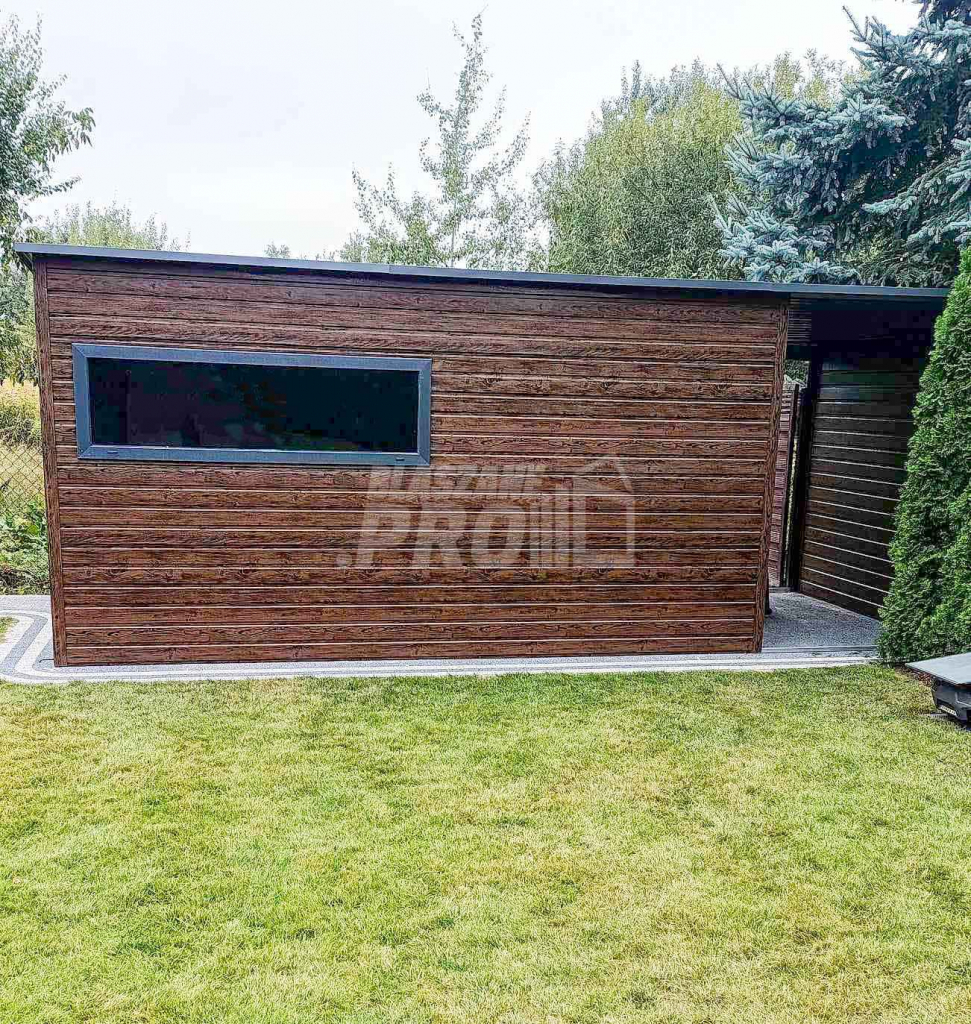 Domek ogrodowy 4,5x2,5m + wiata 1,8m drewnopodobny  rynny  GP450 Szczecinek - zdjęcie 3